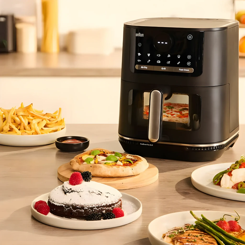 Braun Friteuse air HF Multifry 5 HF5075IBK noir, vue avant: panneau tactile 220°, fenêtre avec poulet en cuisson - Ítem7