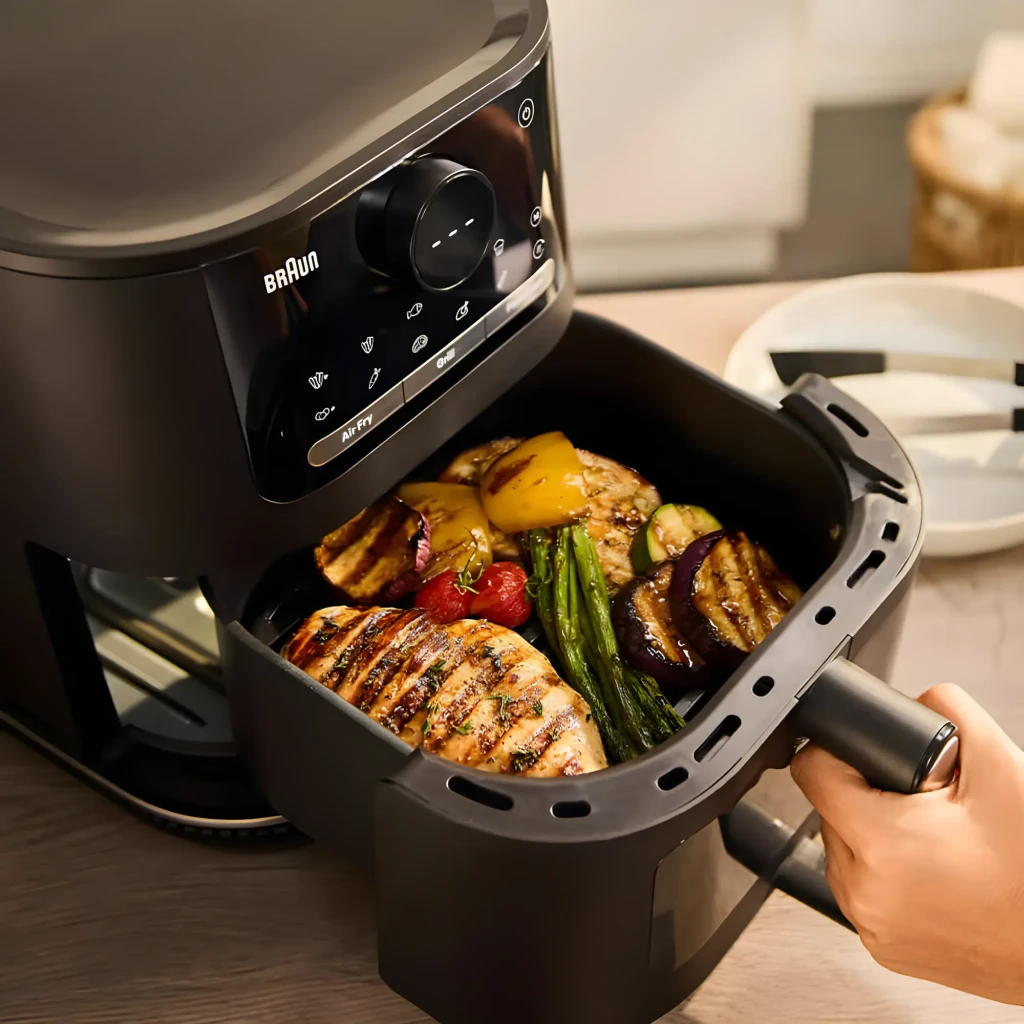 Braun Friteuse air HF Multifry 5 HF5075IBK noir, vue avant: panneau tactile 220°, fenêtre avec poulet en cuisson - Ítem8