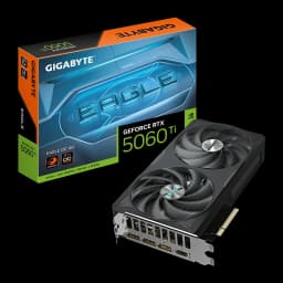 Gigabyte GeForce RTX 5060 Ti Eagle OC 16GB negro, tarjeta con caja: packaging naranja y verde Eagle OC 16G junto a la GPU en