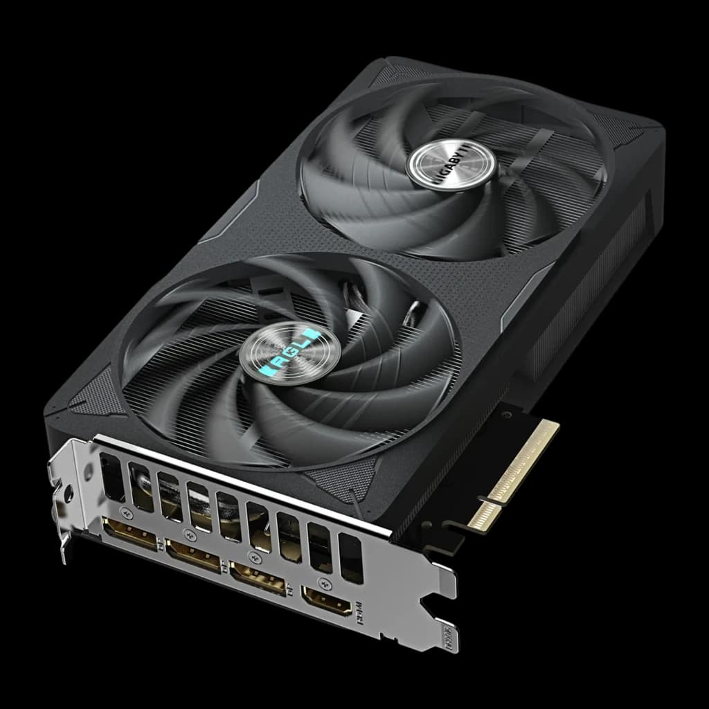 Gigabyte GeForce RTX 5060 Ti Eagle OC 16GB negro, vista trasera en ángulo: puertos DisplayPort y HDMI en bracket, dos