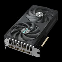 Gigabyte GeForce RTX 5060 Ti Eagle OC 16GB negro, vista trasera en ángulo: puertos DisplayPort y HDMI en bracket, dos