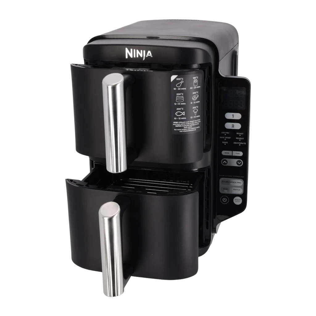 Ninja Friteuse Air Double Stack SL300EU 7,6L Noir, vue de face: deux tiroirs empilés avec poignées chromées et panneau de - Ítem2
