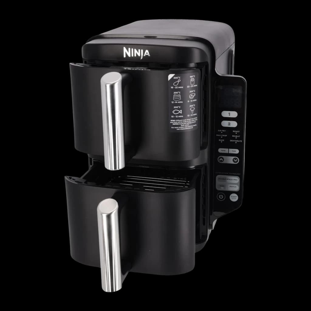 Ninja Double Stack SL300EU negro, vista lateral izquierda: cajón superior abierto con guía de cocción y rejilla inferior