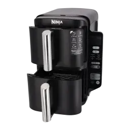 Ninja Double Stack SL300EU negro, vista lateral izquierda: cajón superior abierto con guía de cocción y rejilla inferior