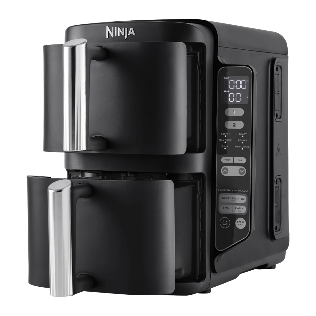 Ninja Friteuse Air Double Stack SL300EU 7,6L Noir, vue de face: deux tiroirs empilés avec poignées chromées et panneau de - Ítem1
