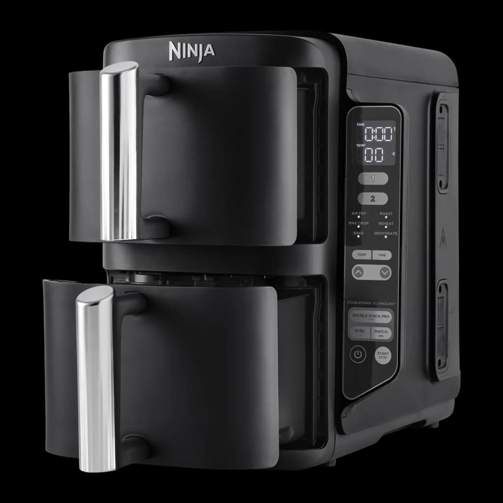 Ninja Double Stack SL300EU negro, vista frontal 3/4: dos cajones apilados con asas plateadas y panel de control digital