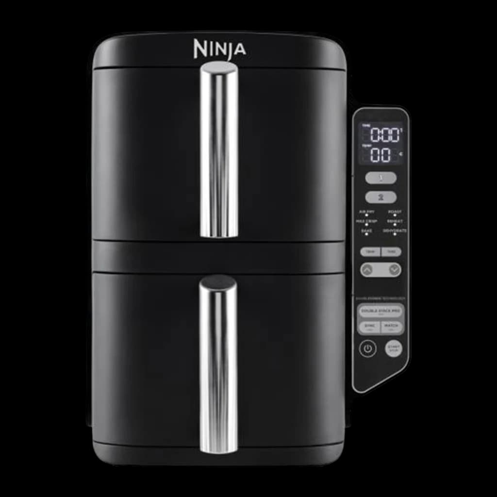 Ninja Freidora Aire Double Stack SL300EU 7,6L Negro, vista frontal: dos cestas apiladas con asas cromadas y panel de control