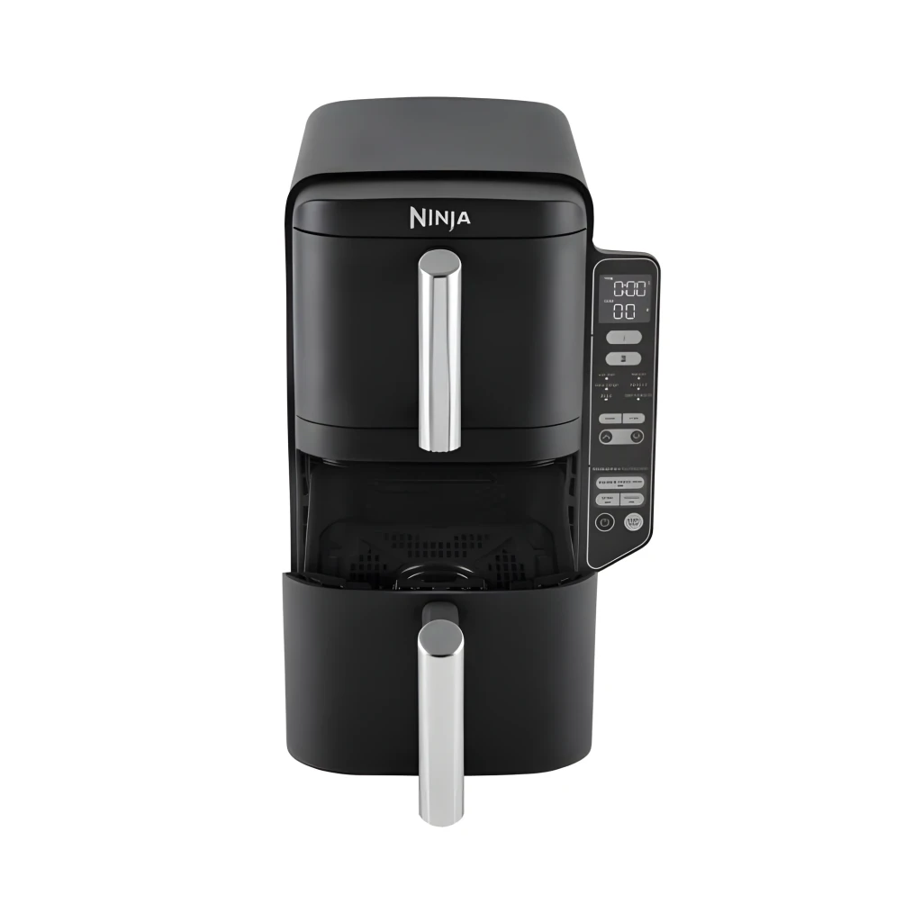 Ninja Friteuse Air Double Stack SL300EU 7,6L Noir, vue de face: deux tiroirs empilés avec poignées chromées et panneau de - Ítem3