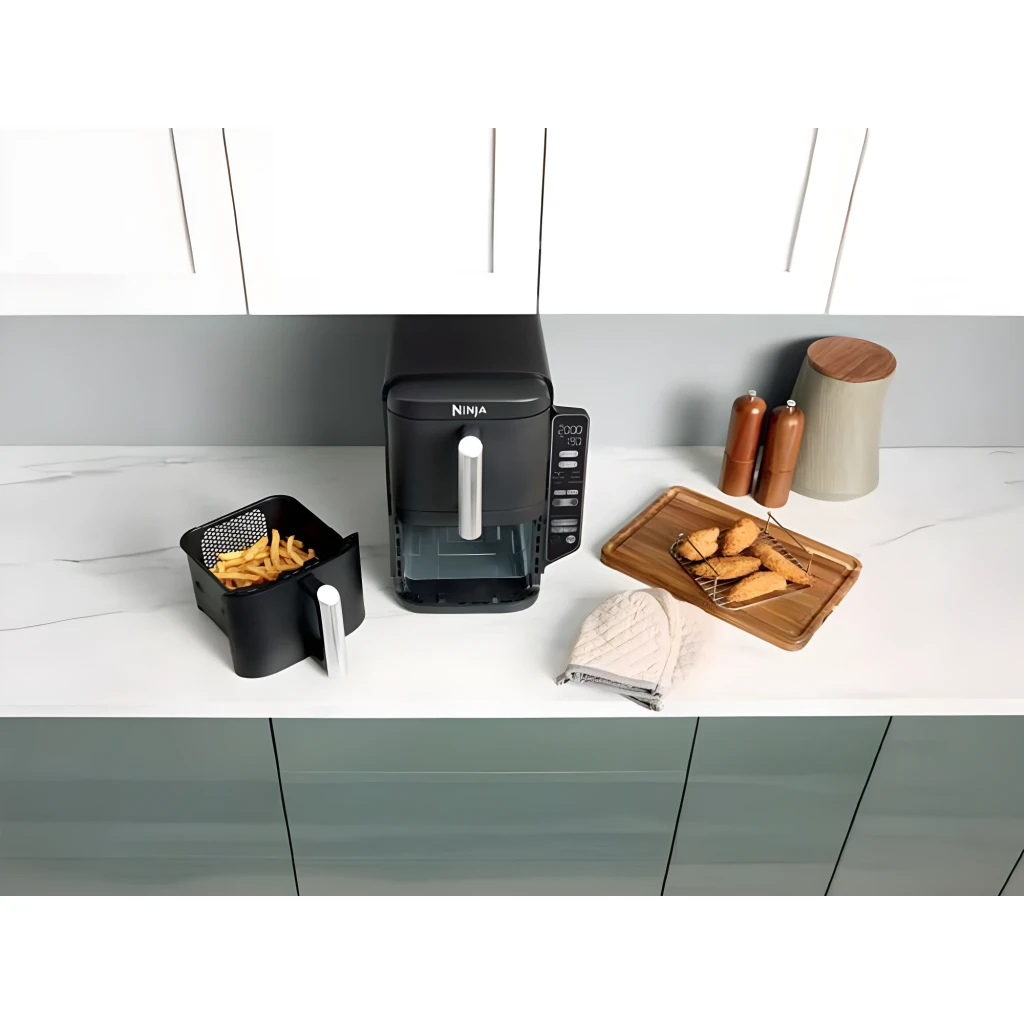 Ninja Friteuse Air Double Stack SL300EU 7,6L Noir, vue de face: deux tiroirs empilés avec poignées chromées et panneau de - Ítem5