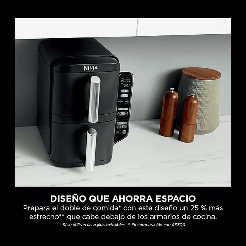 Ninja Freidora Aire Double Stack SL300EU 7,6L Negro, lifestyle: diseño compacto bajo armario de cocina con panel de control