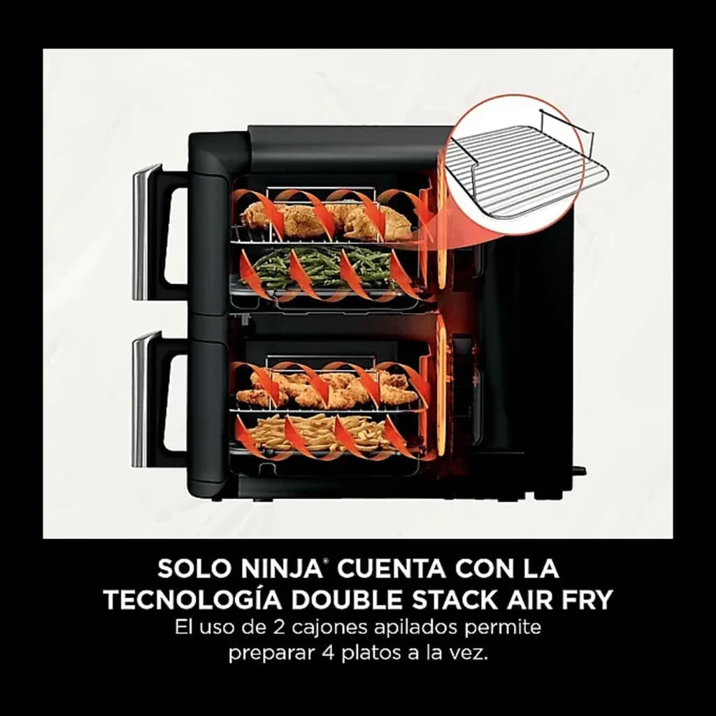 Ninja Double Stack SL300EU 7,6L Negro, interior: 2 cajones apilados con rejillas y alimentos cocinándose simultáneamente
