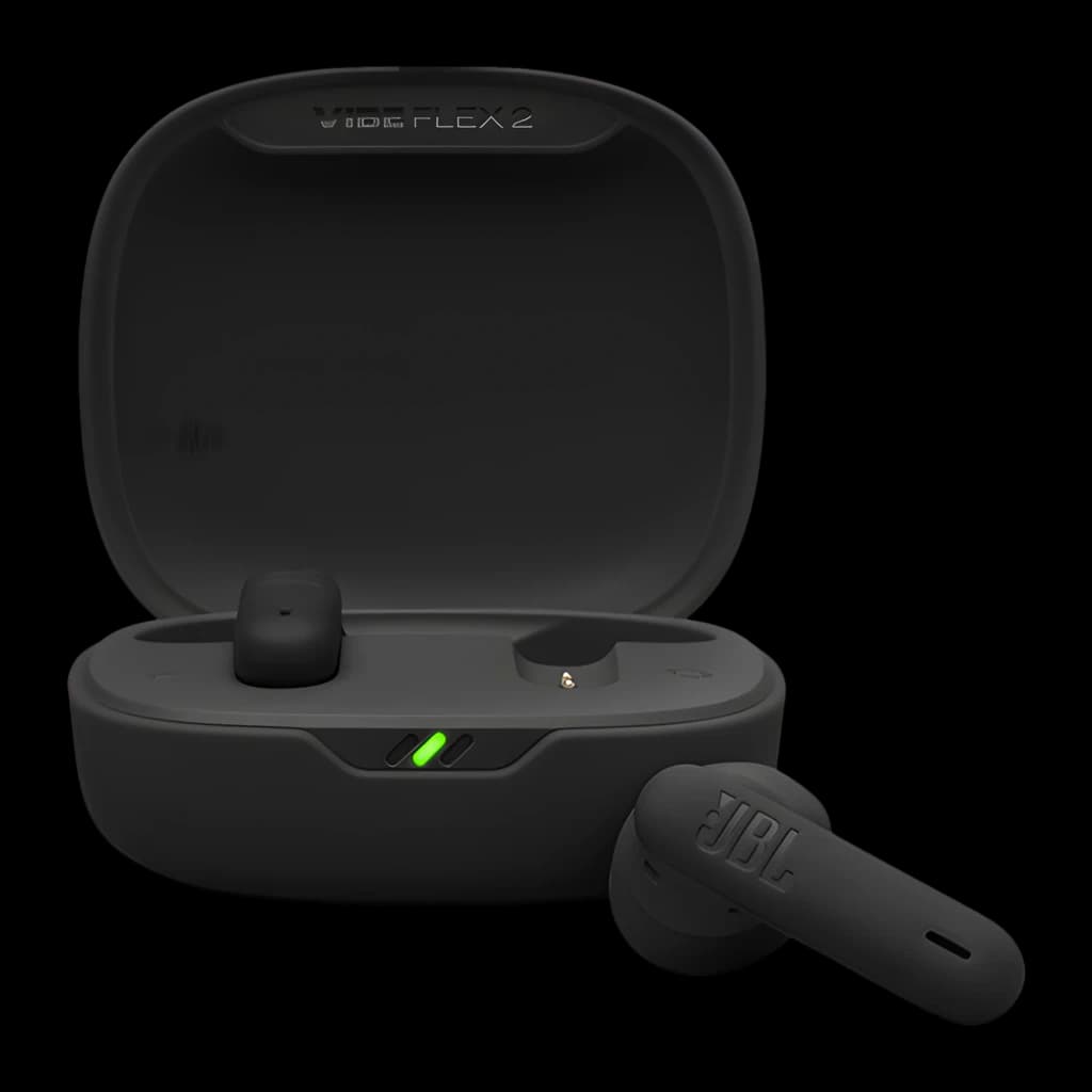 JBL Écouteurs Vibe Flex 2 Noir, vue de face: étui ouvert avec un écouteur à l'intérieur et un autre dehors montrant le logo