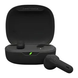 JBL Écouteurs Vibe Flex 2 Noir, vue de face: étui ouvert avec un écouteur à l'intérieur et un autre dehors montrant le logo
