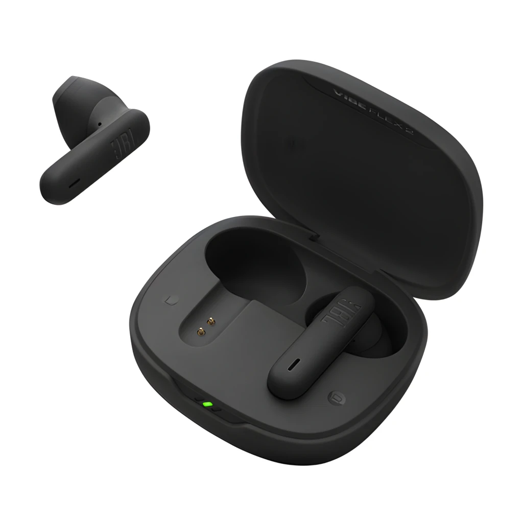 JBL Auriculares Vibe Flex 2 Negro, vista frontal: estuche abierto con un auricular dentro y otro fuera mostrando logo JBL e - Ítem1