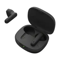 JBL Écouteurs Vibe Flex 2 Noir, vue ouverte: étui ouvert avec un écouteur à l'intérieur et un autre flottant, LED verte