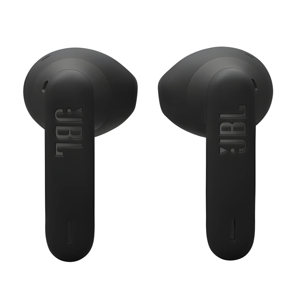 JBL Auriculares Vibe Flex 2 Negro, vista frontal: estuche abierto con un auricular dentro y otro fuera mostrando logo JBL e - Ítem5