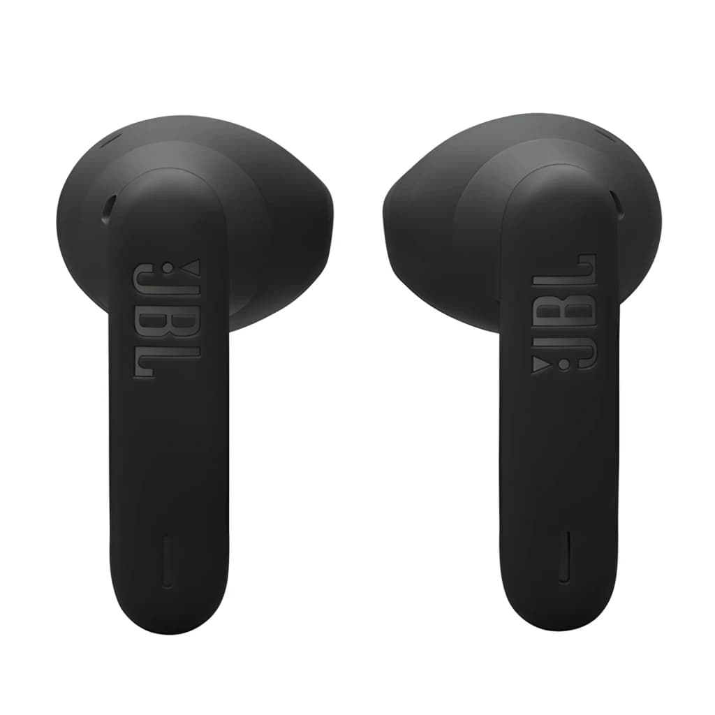 JBL Écouteurs Vibe Flex 2 Noir, vue avant: les deux écouteurs avec logo JBL en relief et tige flexible