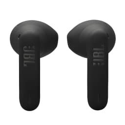JBL Écouteurs Vibe Flex 2 Noir, vue avant: les deux écouteurs avec logo JBL en relief et tige flexible