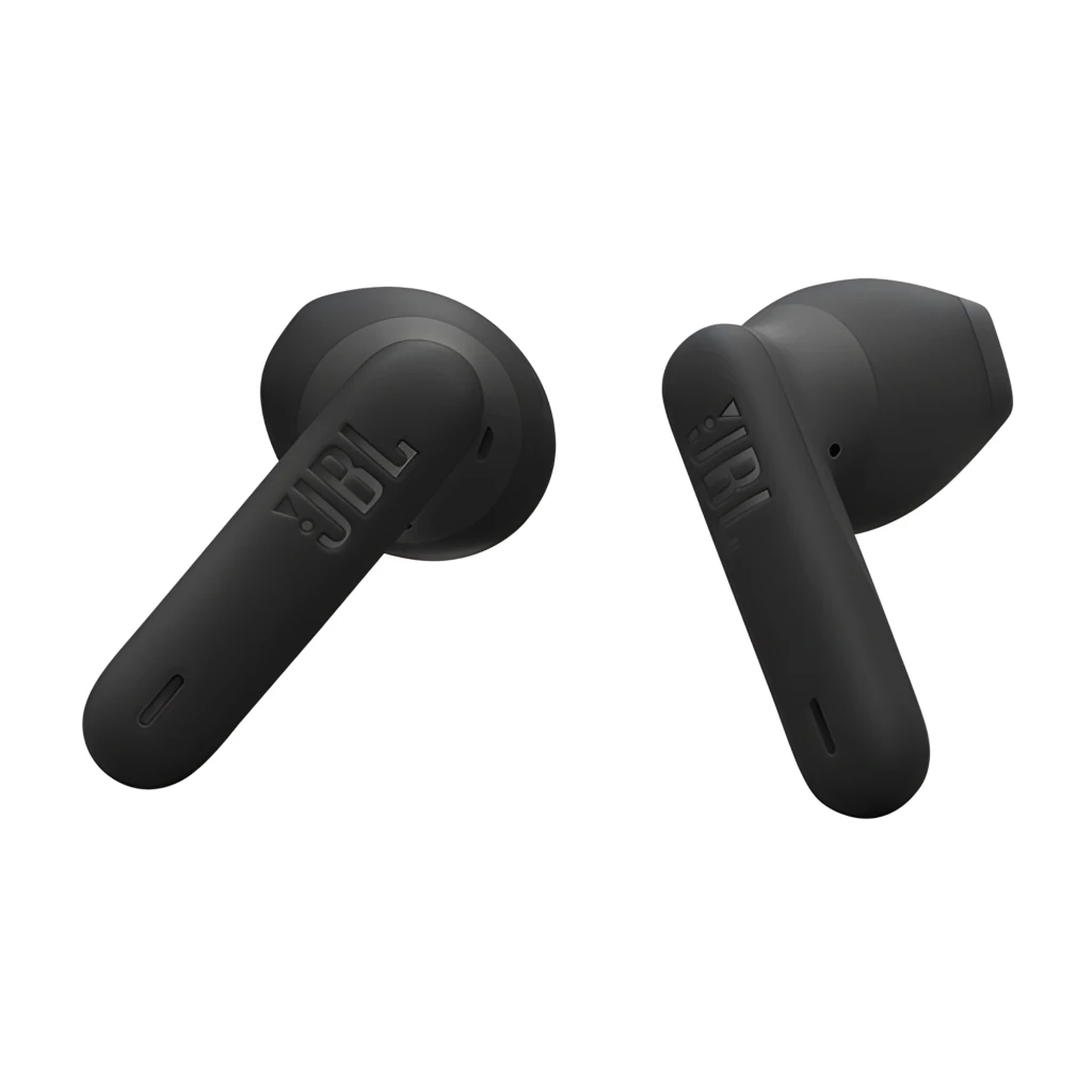 JBL Auriculares Vibe Flex 2 Negro, vista frontal: estuche abierto con un auricular dentro y otro fuera mostrando logo JBL e - Ítem6