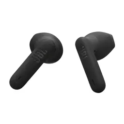 JBL Écouteurs Vibe Flex 2 Noir, vue de face: les deux écouteurs noir mat avec logo JBL sur la tige et embouts en silicone