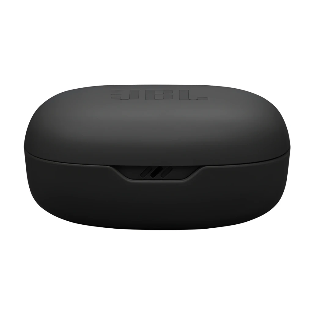 JBL Auriculares Vibe Flex 2 Negro, vista frontal: estuche abierto con un auricular dentro y otro fuera mostrando logo JBL e - Ítem4
