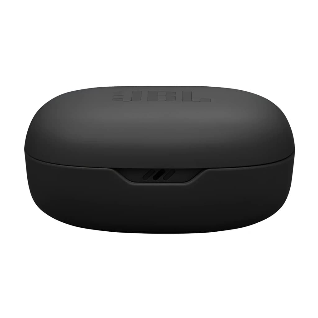 JBL Vibe Flex 2 noir, vue avant: étui de charge fermé avec logo JBL en relief et port en bas