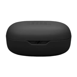 JBL Vibe Flex 2 noir, vue avant: étui de charge fermé avec logo JBL en relief et port en bas
