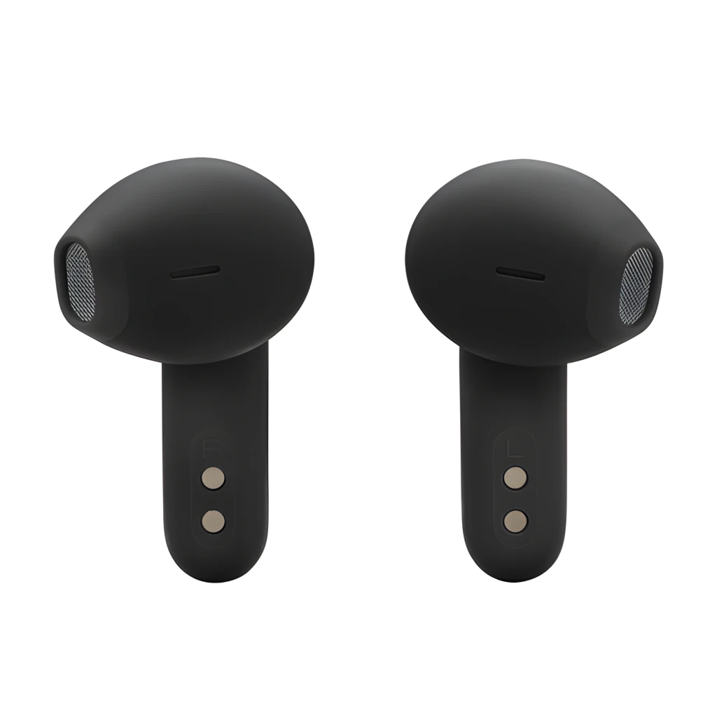 JBL Auriculares Vibe Flex 2 Negro, vista frontal: estuche abierto con un auricular dentro y otro fuera mostrando logo JBL e - Ítem7