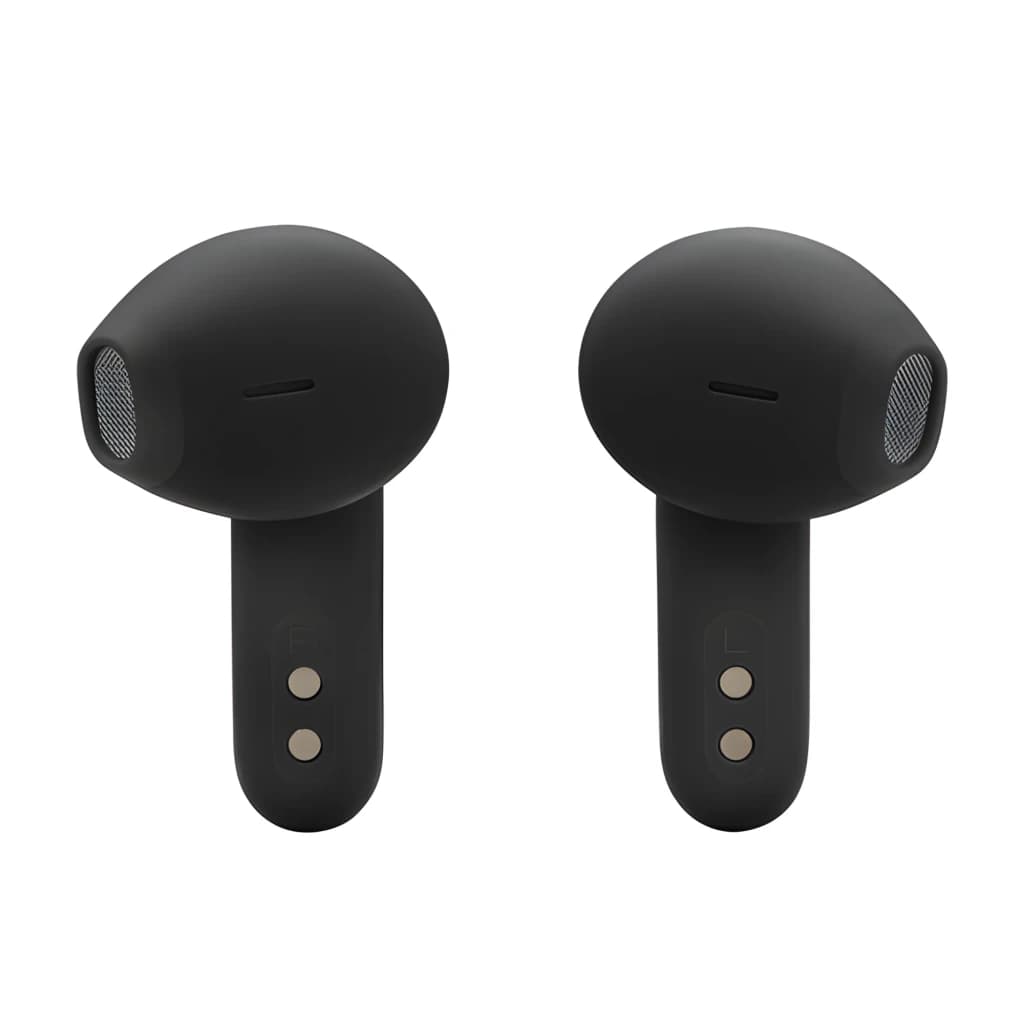 JBL Écouteurs Vibe Flex 2 Noir, vue de face: les deux écouteurs avec grille latérale et contacts de charge dorés