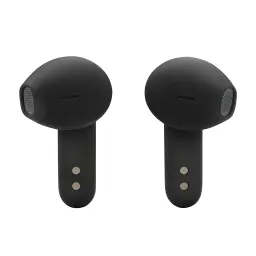 JBL Écouteurs Vibe Flex 2 Noir, vue de face: les deux écouteurs avec grille latérale et contacts de charge dorés