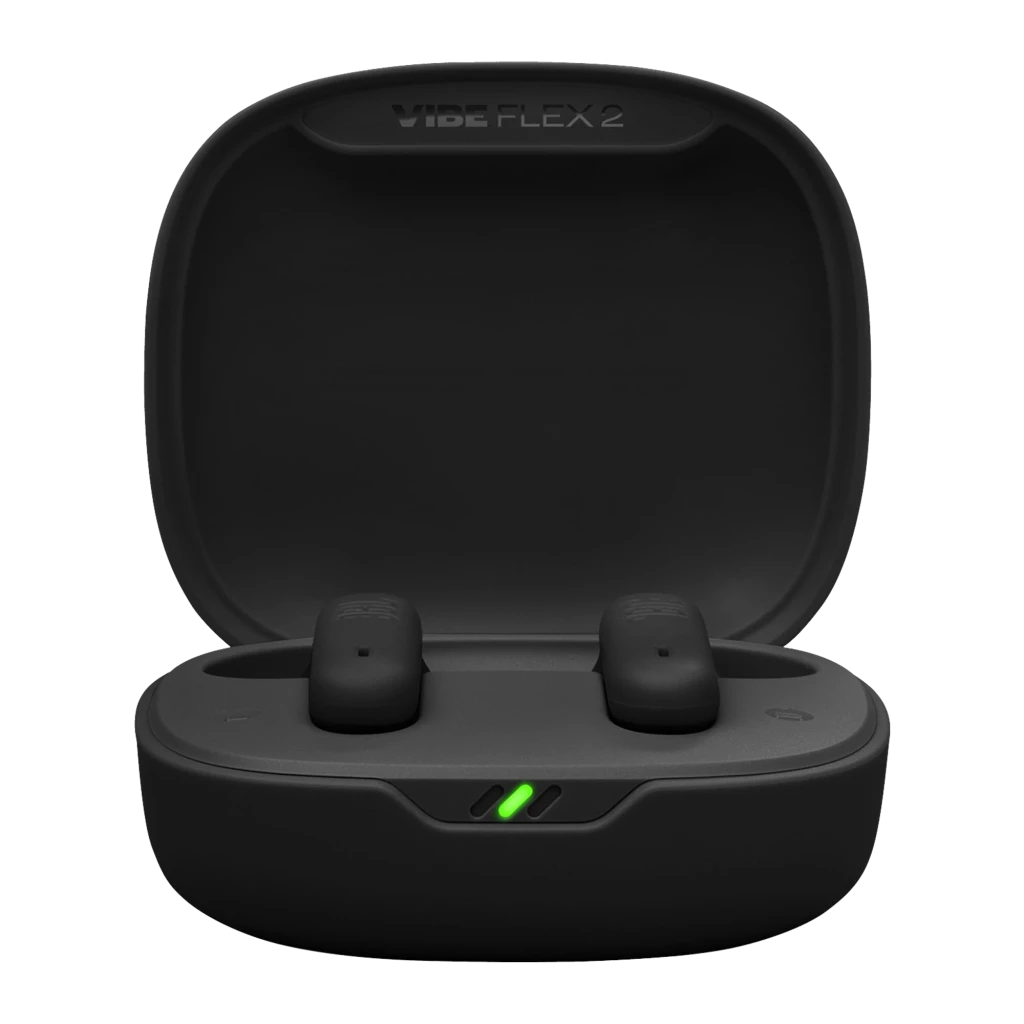 JBL Auriculares Vibe Flex 2 Negro, vista frontal: estuche abierto con un auricular dentro y otro fuera mostrando logo JBL e - Ítem2