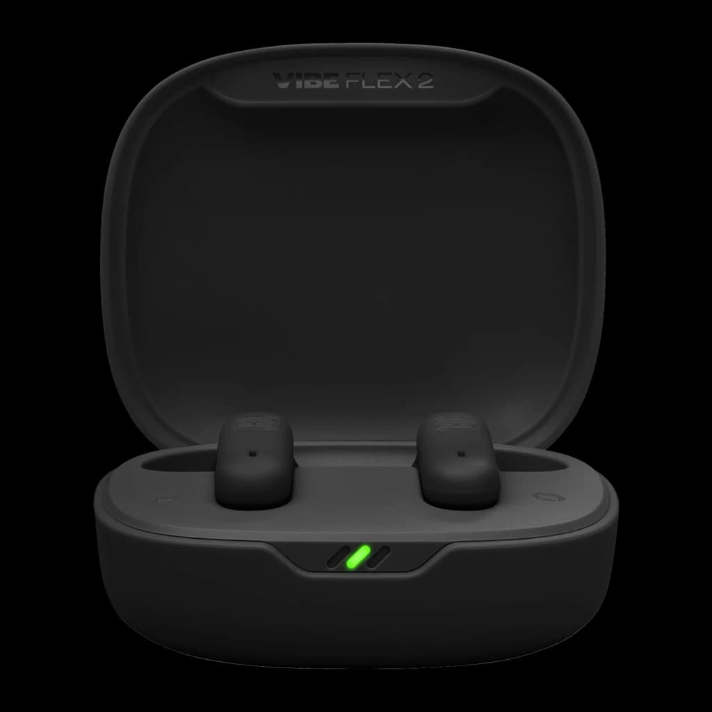JBL Écouteurs Vibe Flex 2 Noir, vue de face: étui ouvert avec écouteurs à l'intérieur et indicateur LED vert