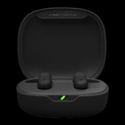 JBL Écouteurs Vibe Flex 2 Noir, vue de face: étui ouvert avec écouteurs à l'intérieur et indicateur LED vert