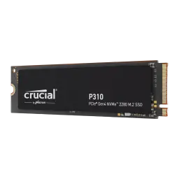 Crucial P310 500GB M.2 NVMe negro, vista en ángulo frontal: perspectiva que muestra grosor, canto superior y conector M.2