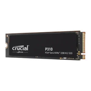 Crucial P310 500GB M.2 NVMe preto, vista angular frontal: perspectiva mostrando espessura, borda superior e conector M.2
