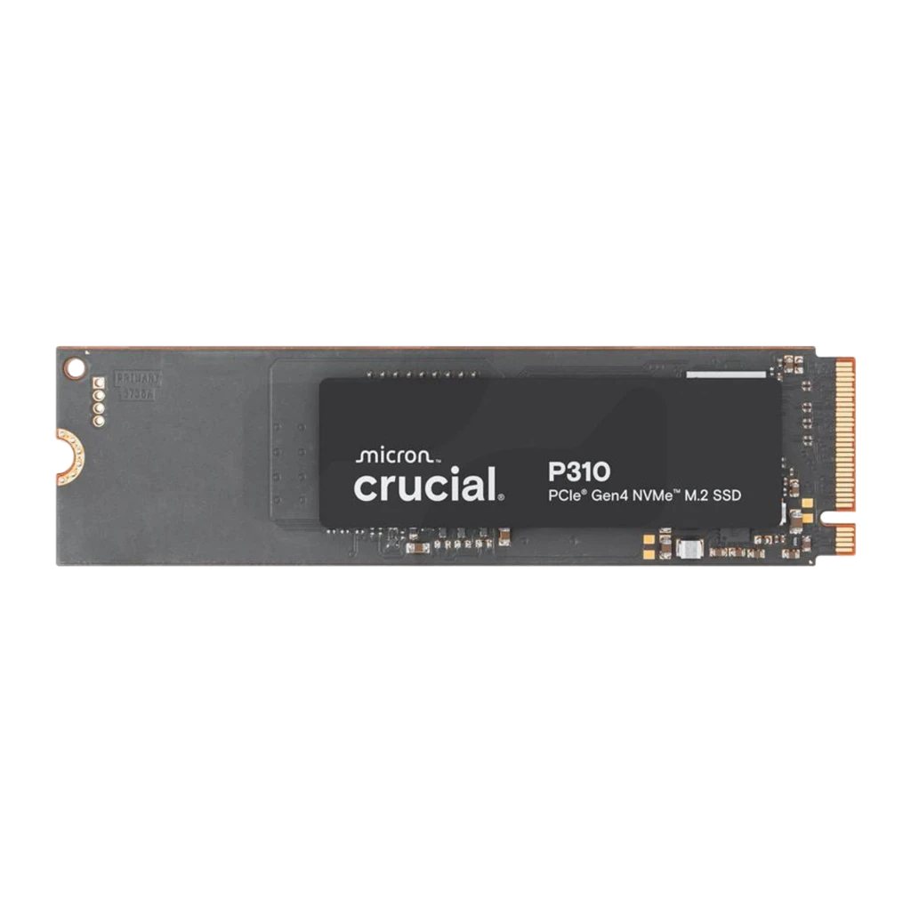 Crucial P310 500GB M.2 NVMe preto, vista angular frontal: perspectiva mostrando espessura, borda superior e conector M.2 - Item3
