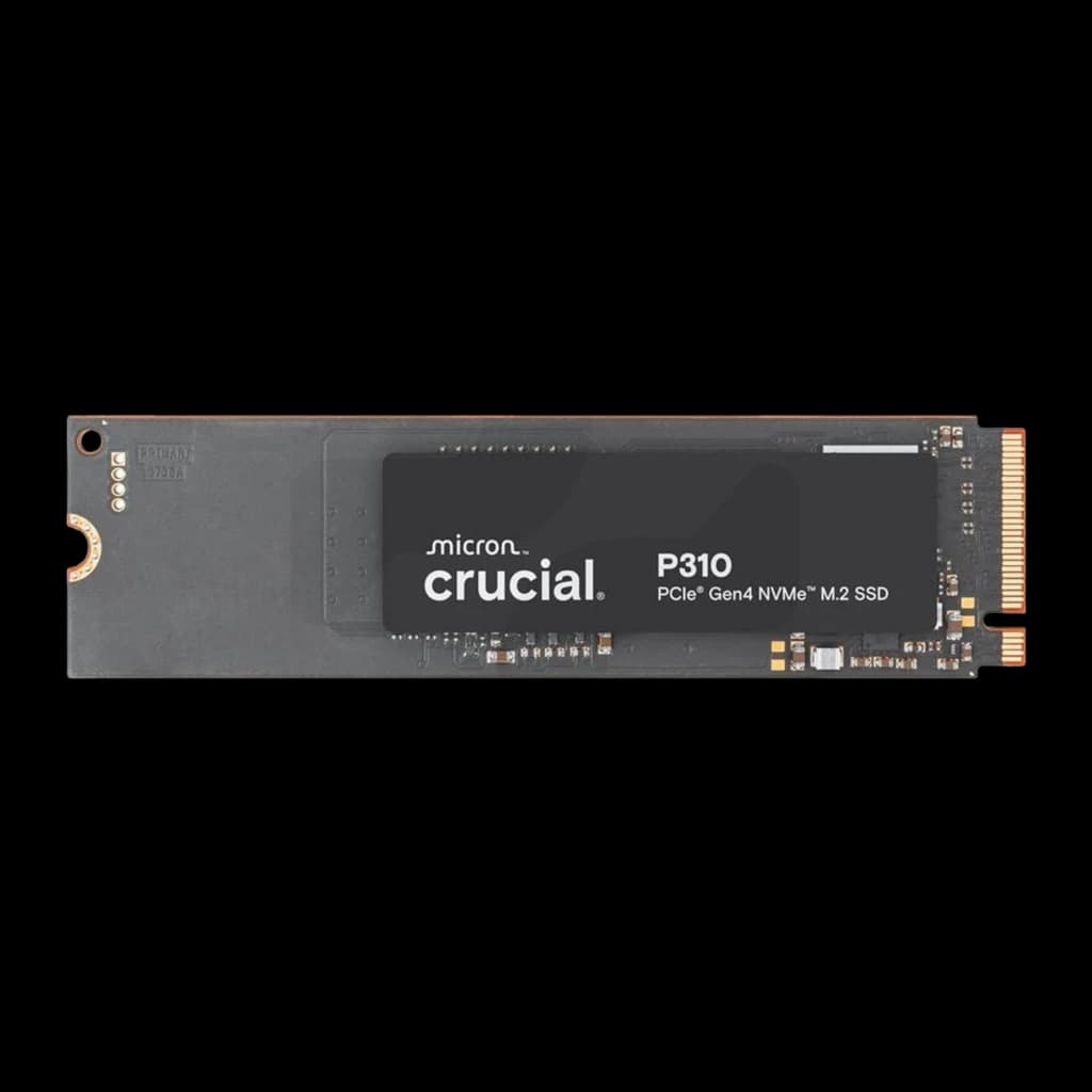 Crucial P310 500GB M.2 NVMe negro, vista trasera: reverso con logo Micron Crucial, conector dorado y componentes visibles