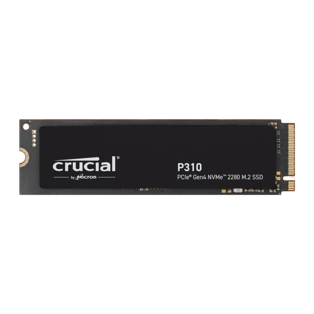 Crucial P310 500GB M.2 NVMe preto, vista angular frontal: perspectiva mostrando espessura, borda superior e conector M.2 - Item1