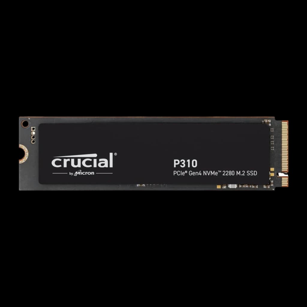 Crucial P310 500GB M.2 NVMe negro, vista frontal: carcasa negra mate con logo Crucial y texto PCIe Gen4 NVMe 2280