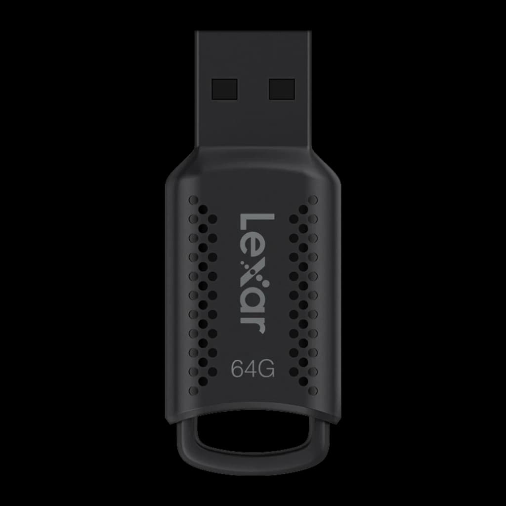 Lexar JumpDrive M400 64GB negro, vista frontal: conector USB expuesto, cuerpo con patrón de puntos y logo Lexar