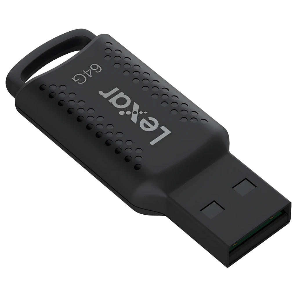 Lexar JumpDrive M400 64GB noir, vue avant: connecteur USB exposé, corps à motif de points et logo Lexar - Ítem1