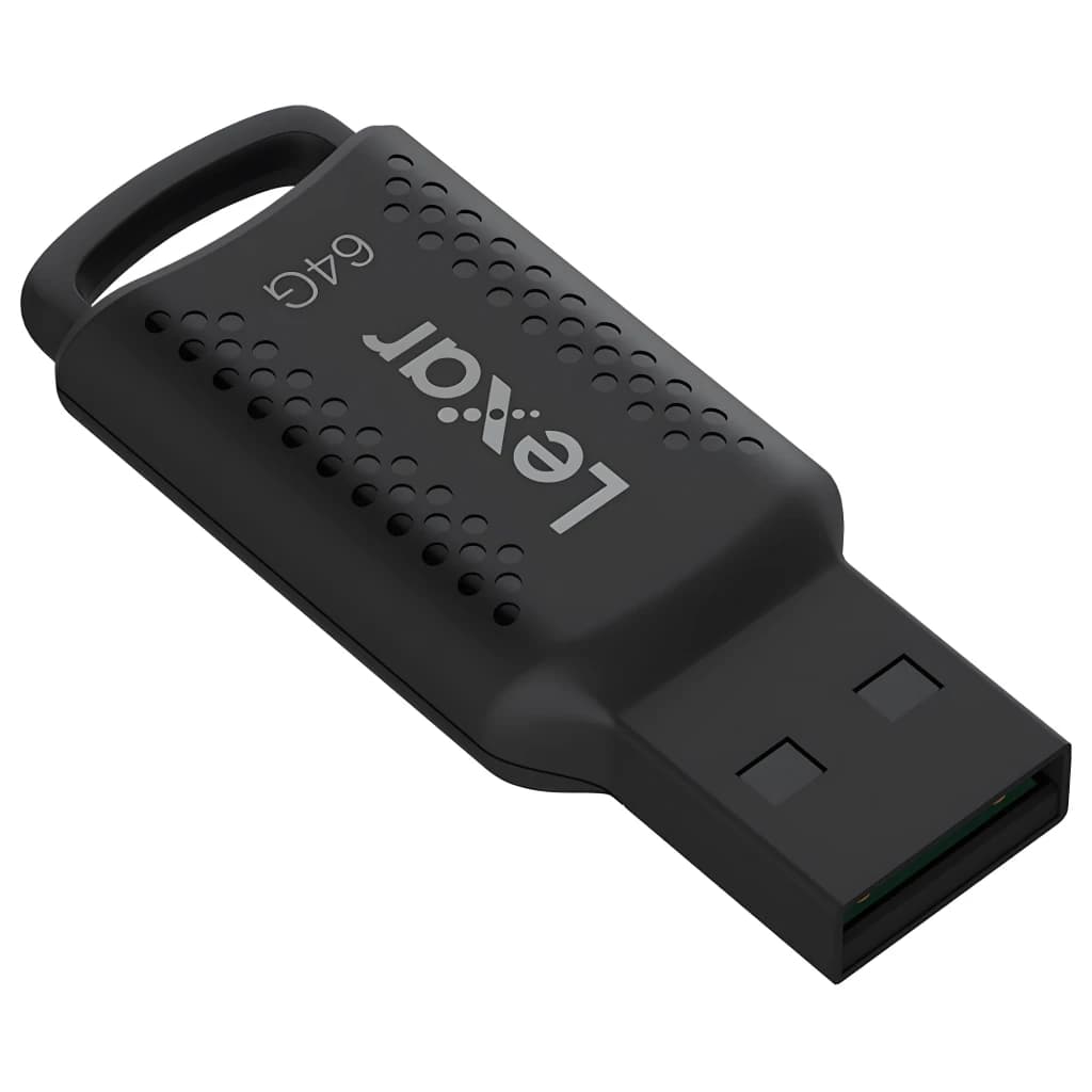 Lexar JumpDrive M400 64GB negro, vista diagonal: conector USB expuesto, cuerpo con textura de puntos y anilla