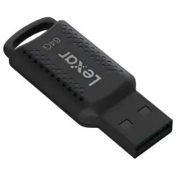 Lexar JumpDrive M400 64GB negro, vista diagonal: conector USB expuesto, cuerpo con textura de puntos y anilla