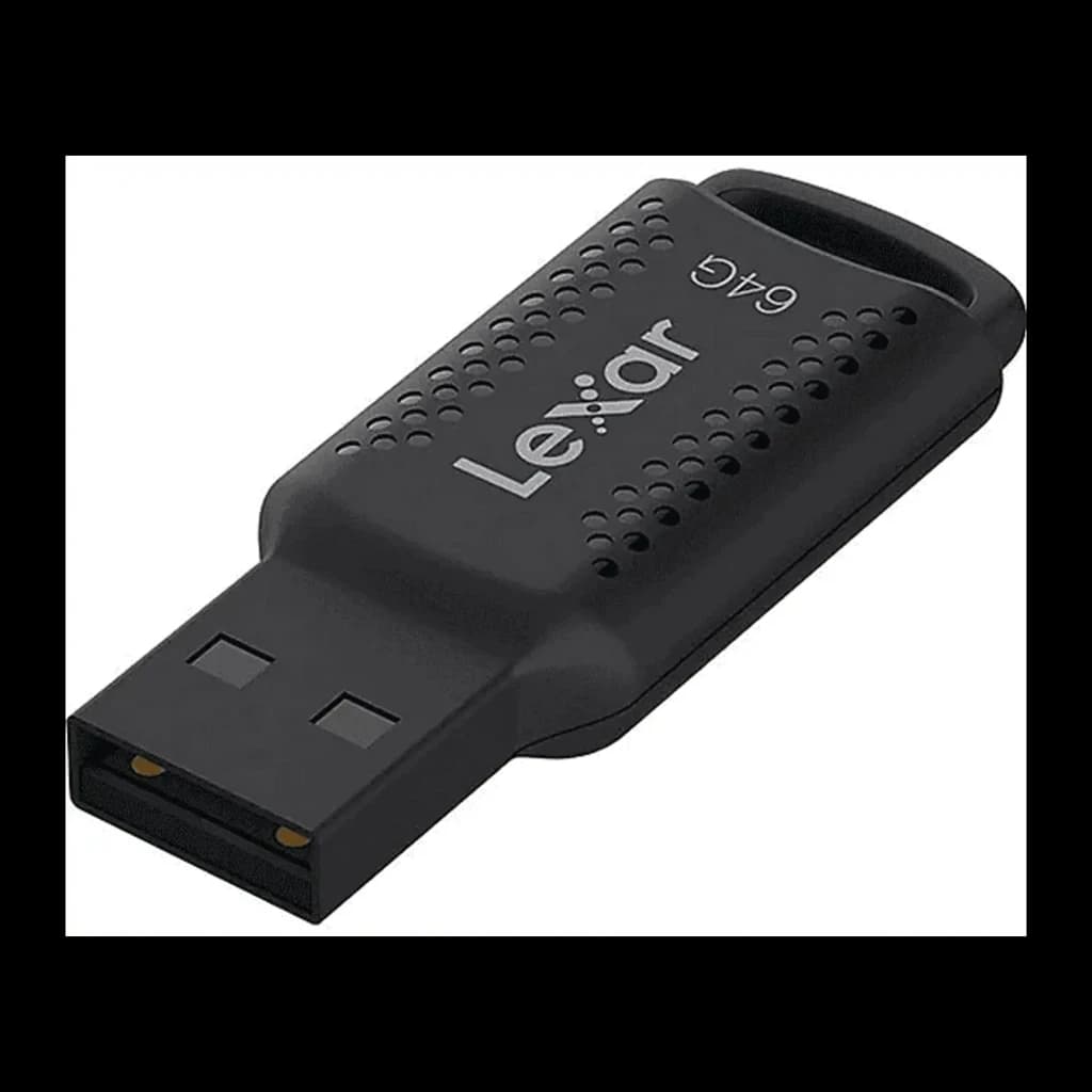 Lexar JumpDrive M400 64GB negro, vista en perspectiva: conector USB expuesto, textura perforada y logo Lexar en cuerpo negro
