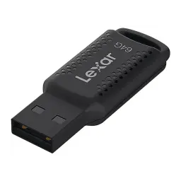 Lexar JumpDrive M400 64GB negro, vista en perspectiva: conector USB expuesto, textura perforada y logo Lexar en cuerpo negro
