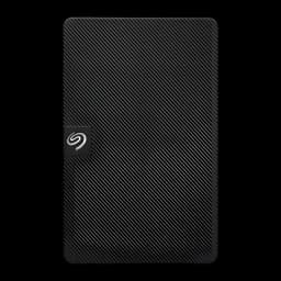 Seagate Expansion STKN1000400 1TB negro, vista frontal: textura diagonal rayada y logo Seagate en esquina izquierda