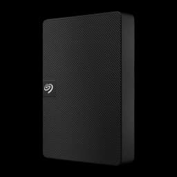 Seagate Expansion STKN1000400 1TB negro, vista frontal en ángulo: textura diagonal y logo Seagate centrado