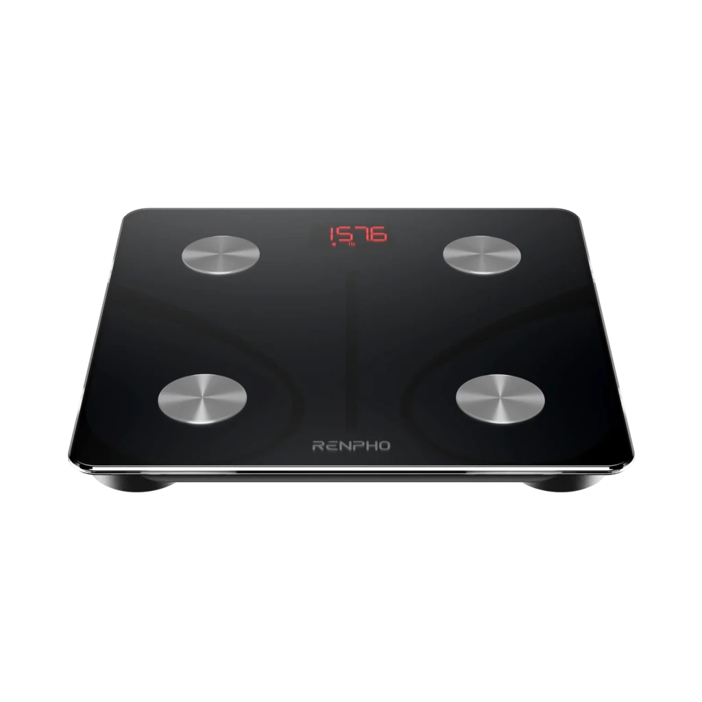 Renpho Elis 1 ES-CS20M-B preto, vista frontal: ecrã LCD com métricas corporais, elétrodos e barra de apoio superior - Item1
