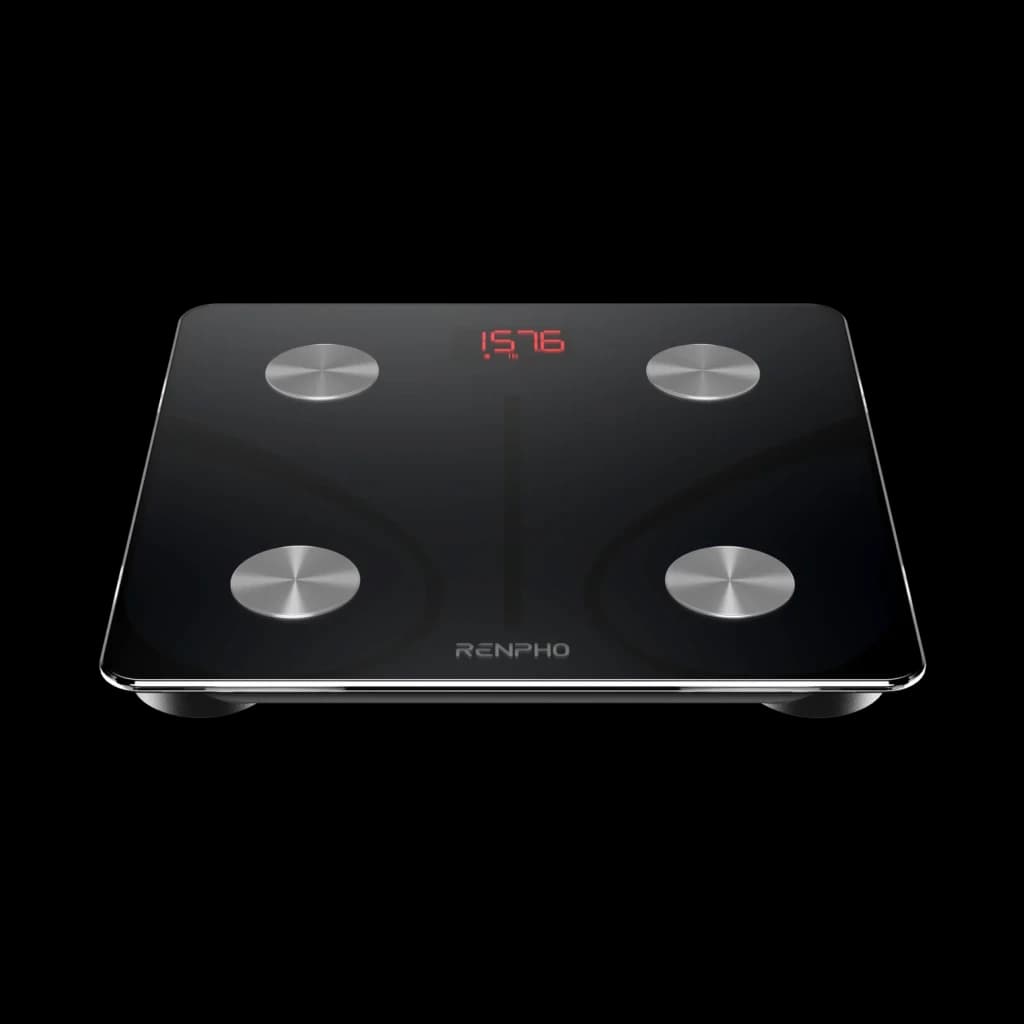 Balança corporal Renpho Elis 1 ES-CS20M-B com superfície em vidro preto, visor LED vermelho e 4 eletrodos metálicos circulares; design fino e moderno WiFi
