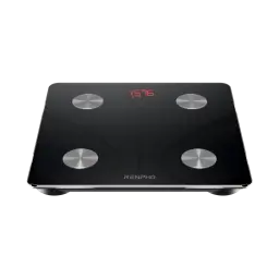 Balança corporal Renpho Elis 1 ES-CS20M-B com superfície em vidro preto, visor LED vermelho e 4 eletrodos metálicos circulares; design fino e moderno WiFi